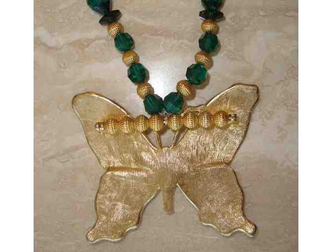 Gold-Tone & Green Crystal Butterfly Necklace & Earrings Set