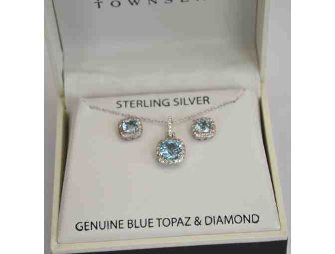 Diamond Accented Blue Topaz Pendant Necklace & Earrings Set -- New