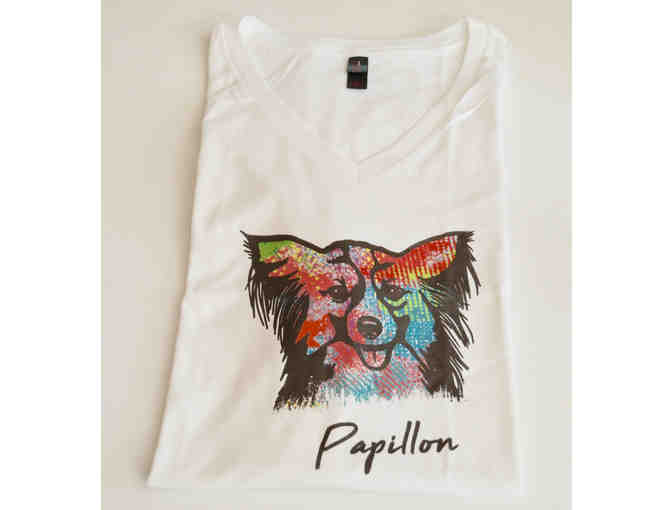 Vibrant Abstract Papillon Design on White V-Neck T-Shirt, Size Large  -- New