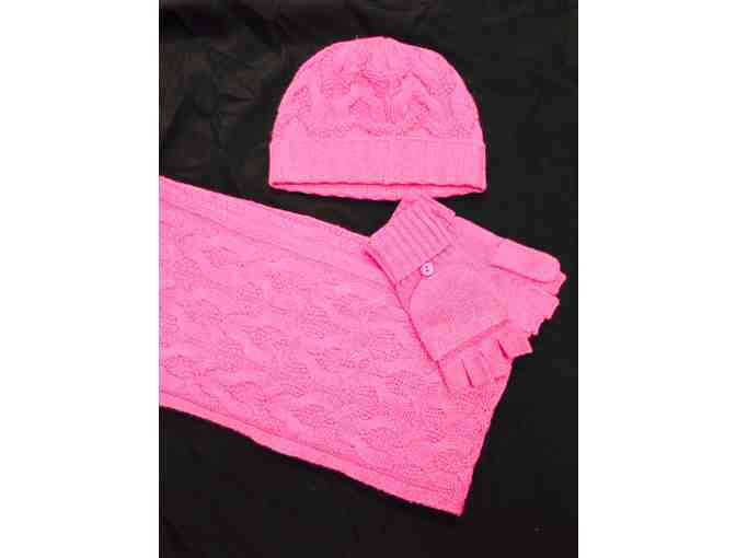Cashmere Cable Knit Scarf, Hat and Gloves Set- Hot Pink
