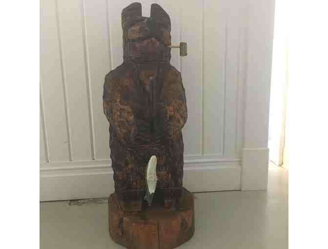 Carved Wooden Bear Status with Pipe and Fishing Pole