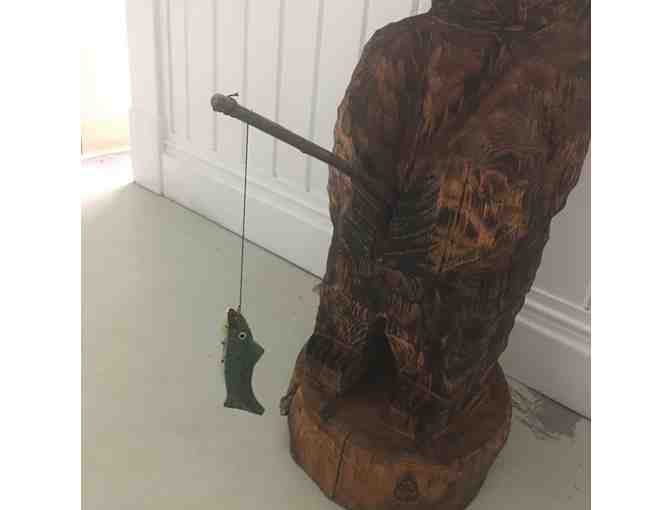 Carved Wooden Bear Status with Pipe and Fishing Pole