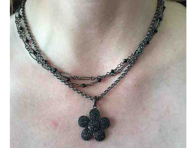 Triple Chain Neclace with Onyx Pave Flower by katDesigns
