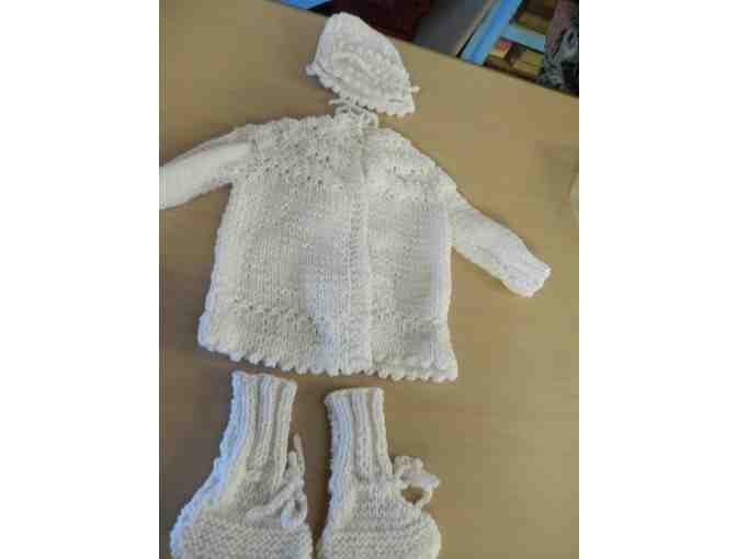hand knitted hat, booties & sweater set