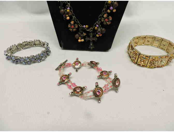 3 beautiful handcrafted stretch bracelets (older) and cross & heart vintage necklace