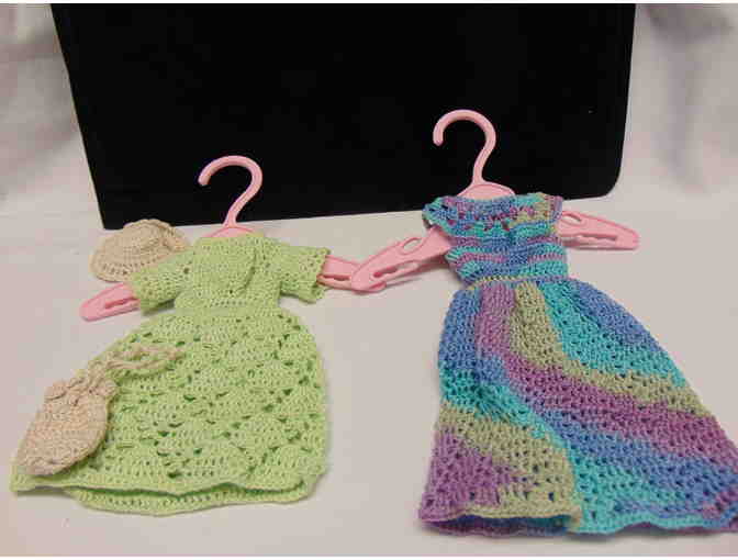 Hand crocheted doll dress, purse, hat and sun dress