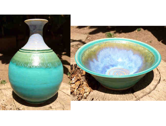 Handcrafted Azure Stoneware Vase and Bowl
