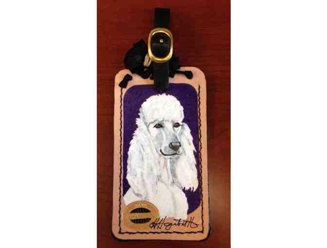 Hand Tooled and Dyed Leather Tag Featuring a Standard Poodle