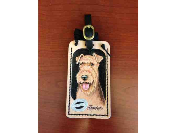 Hand Tooled and Dyed Leather Tag Featuring an Airedale Terrier