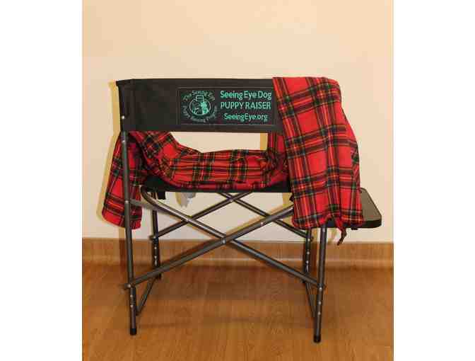Seeing Eye Puppy Raiser Chair with Embroidered Logo and Red Plaid Lap Blanket