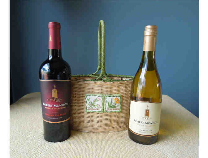 Two Bottles of Robert Mondavi Private Collection Wines in Wicker Wine Caddy
