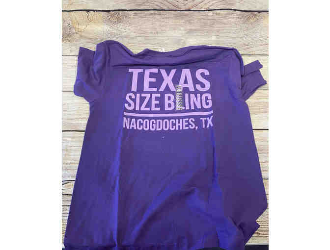 SFA Texas Flag Metal Sign and Purple Texas Size Bling T-Shirt