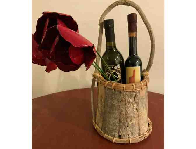 Bark Basket filled with exceptional Gourmet Vinegar and Oil and Handmade Flowers