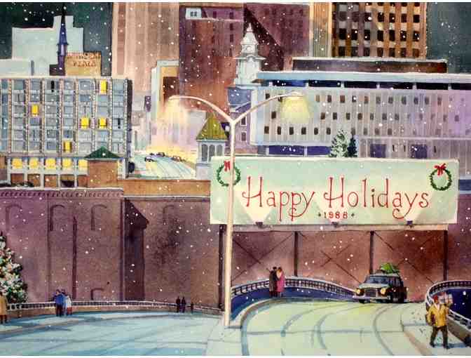 'Happy Holidays' Lithograph of Watercolor by Lee Everett 1988 w/ Gold frame