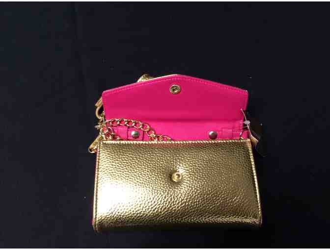A Gold Compact Clutch with Hot Pink Lining