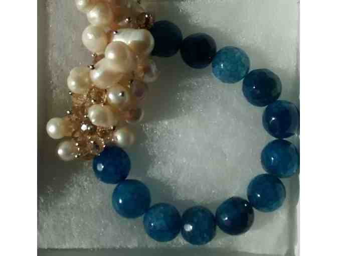 Stretch Bracelet -Freshwater Pearl and Blue-Jean Agate Cluster from Savvy Cie Jewels