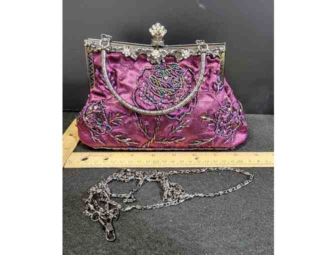 Beaded & Embroidered Floral Clutch Vintage Satin Evening Bag