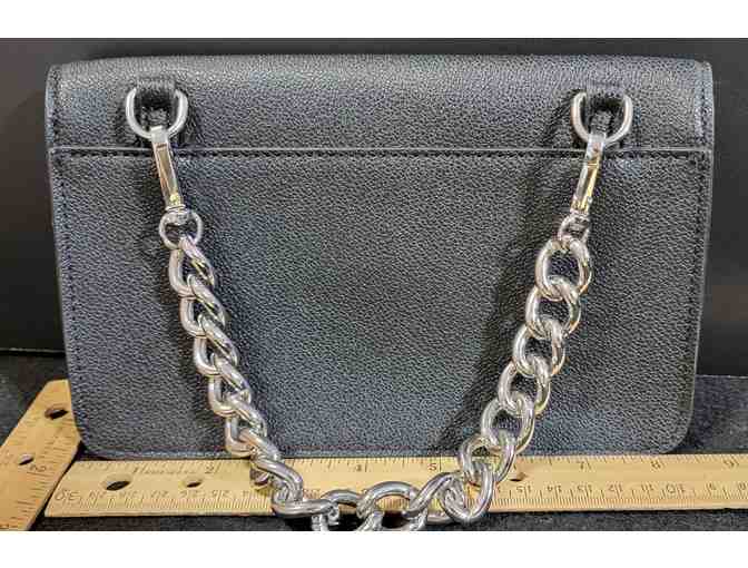 Black handbag with silver chain handle