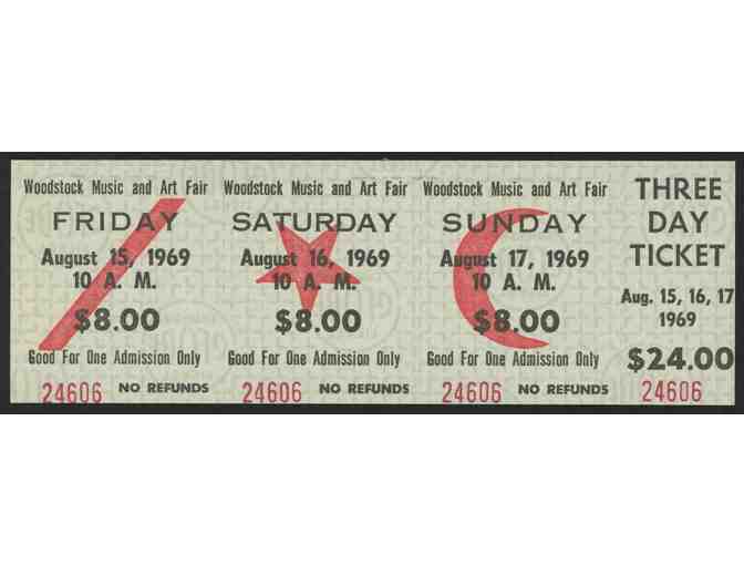 Woodstock Authentic Three Day Unused Ticket from August 15, 16, 17 1969