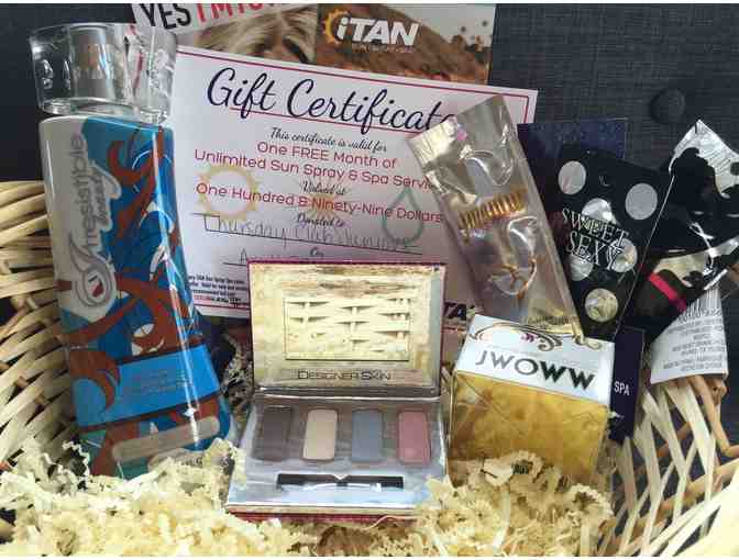 iTan - One Free Month of Unlimited Sun Spray & tan basket with oils, lotions & sunscreen