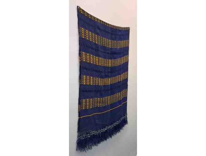 Handwoven Blue and Gold Shawl with Beaded Fringe