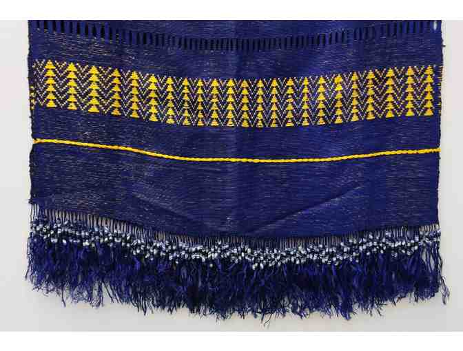 Handwoven Blue and Gold Shawl with Beaded Fringe