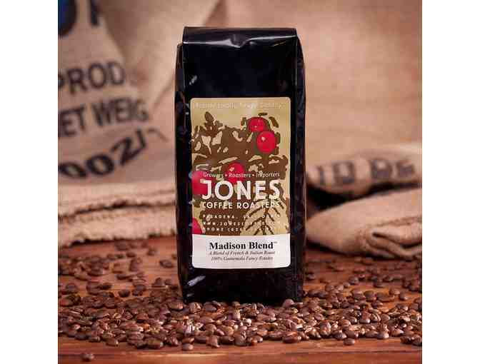Jones Coffee Roasters Madison Blend Coffee and 2 Glass Coffee Mugs