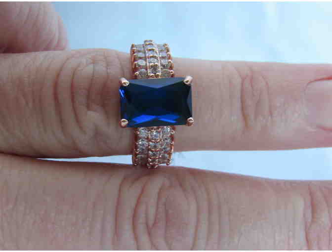 Blue &18k Rose Gold-Plated Emerald-Cut Ring With Swarovski Crystals Size 7