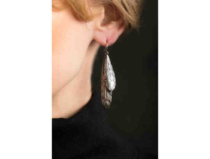 Pair of Hand-Engraved Sterling Silver Earrings with Two Feather Drops by R. Simantov