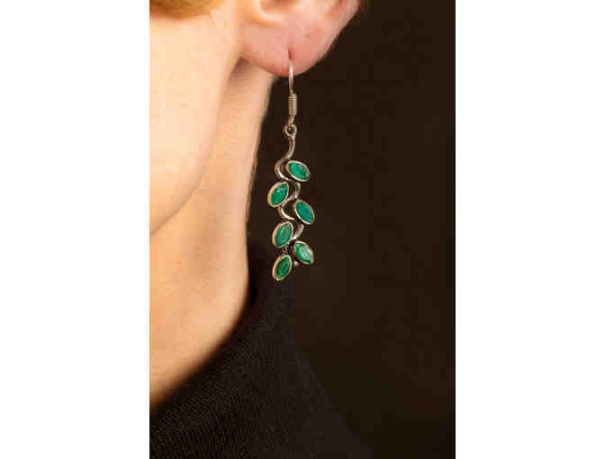 Sterling silver earrings: dangling leaves with cloudy emeralds