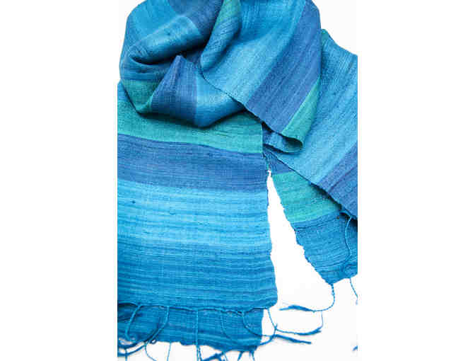 Hand loomed silk scarf from Laos in shades of blue + green