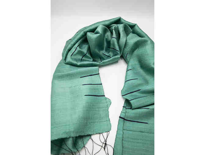 Teal green hand loomed silk scarf with midnight accents