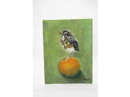 Fledgling Robin with orange - oil painting by Esther Koslow