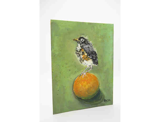 Fledgling Robin with orange - oil painting by Esther Koslow