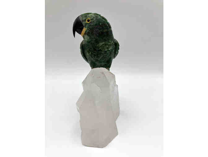 Serpentine Carved Green Parrot on Quartz Crystal