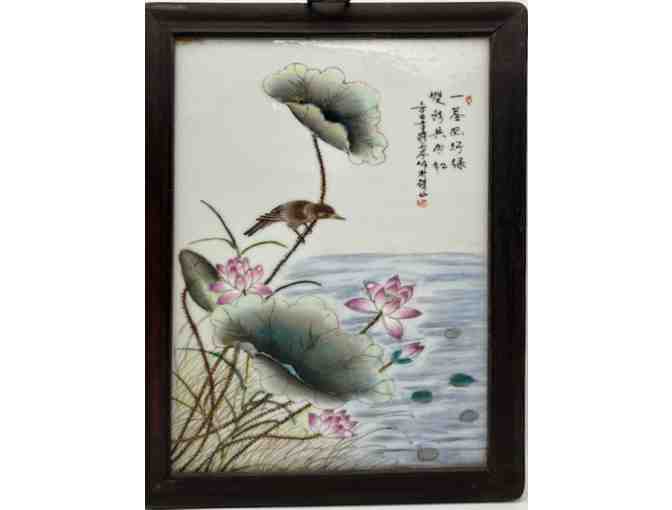 Pair of Chinese Antique 'Famille Rose' Framed Porcelain Panels with Bird