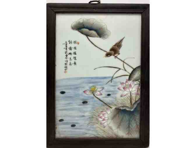 Pair of Chinese Antique 'Famille Rose' Framed Porcelain Panels with Bird