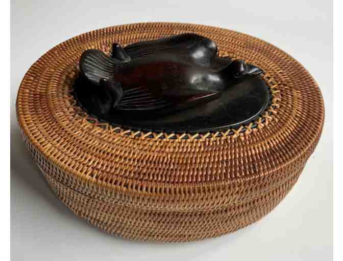 Woven Basket with Bird Carving Handle on Lid - Indonesian
