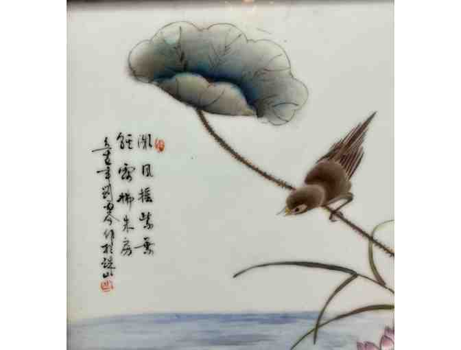 Pair of Chinese Antique 'Famille Rose' Framed Porcelain Panels with Bird