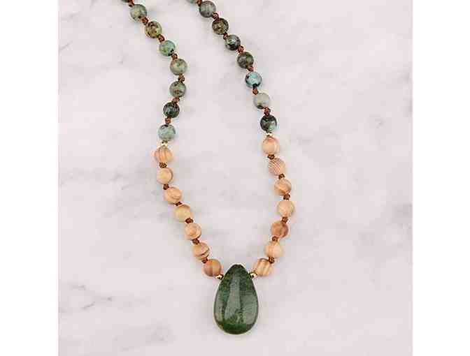 Long DEW Necklace with JADE Pendant, Sandalwood & African Turquoise