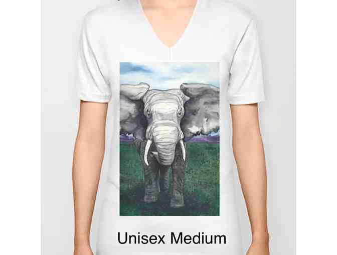 Unisex V-Neck Tee with Custom Elephant Art-MEDIUM (Lg for women)
