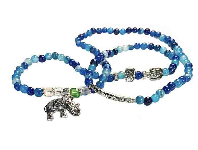 Blue Agate Stretch Wraparound Bracelet or Necklace with Elephant Charm