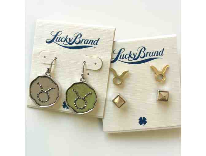 Lucky Brand - Silver Tone Zodiac TAURUS Drop Earrings + Gold tone Stud Earring Duo Set