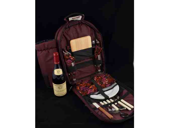 Picnic backpack, bottle of wine, and WT blanket