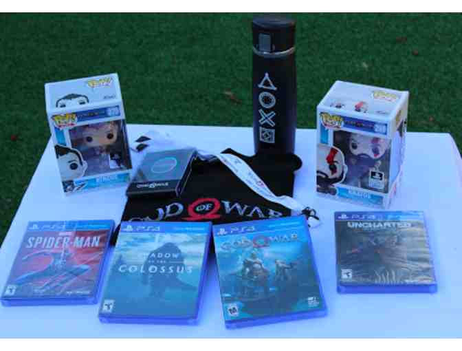 Sony Playstation Gift Bag: Four PS4 Games, T-shirt, Pin, Water Bottle, Two Pop Figurines