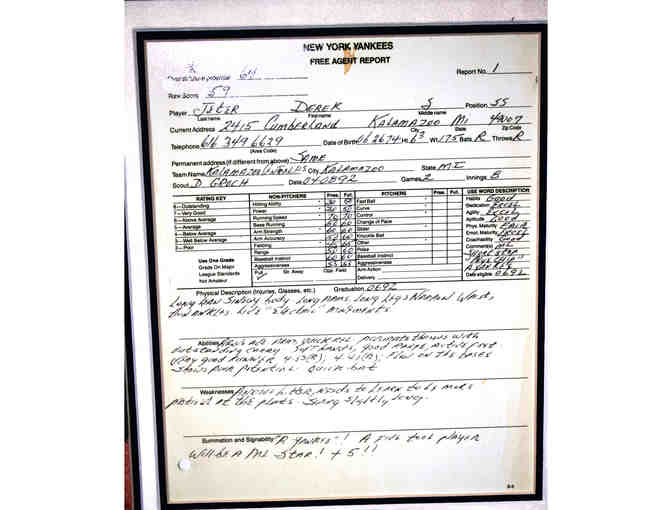 DEREK JETER KALAMAZOO HIGH SCHOOL SCOUTING REPORT BY YANKEES SCOUT DICK GROCH 2 PHOTO FRAMED COLLAGE